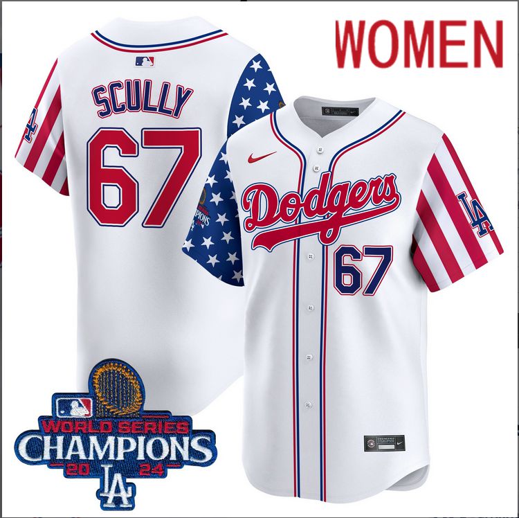 Women MLB Los Angeles Dodgers #67 Scully American Style white 2024 World Series Champions  Limited Jersey->women mlb jersey->Women Jersey